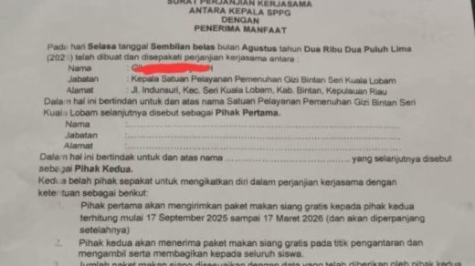 Foto: Surat Perjanjian MBG dengan Sekolah di Bintan Viral, Berisi Jaga Raha Bila Terjadi Keracunan KLB. Sumber: Batampos.