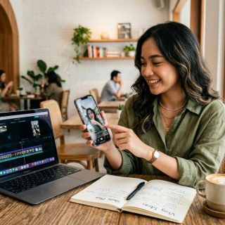 Foto: Ilustrasi kreator konten digital saat menganalisis tren video pendek di smartphone dan laptop. Sumber: Istimewa.